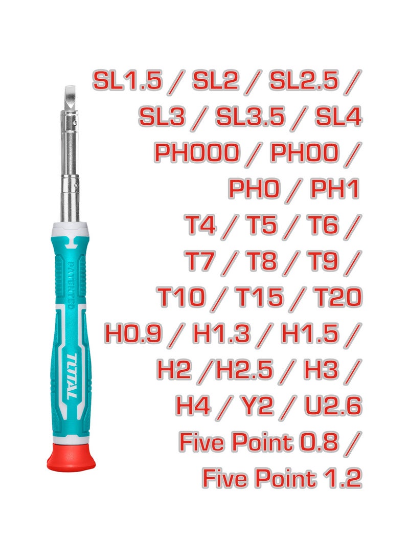 توتال طقم مفكات ودقّات دقيق احترافي من توتال مكوّن من ٤٥ قطعة مع علبة تخزين، مصنوع من فولاذ كروم فاندوم، يضم أنواعًا متعددة من الرؤوس تشمل المستقيمة والمتصالبة والسداسية وتوركس وخماسية النجمة، مع أداة شفط وأدوات فتح - Image 2